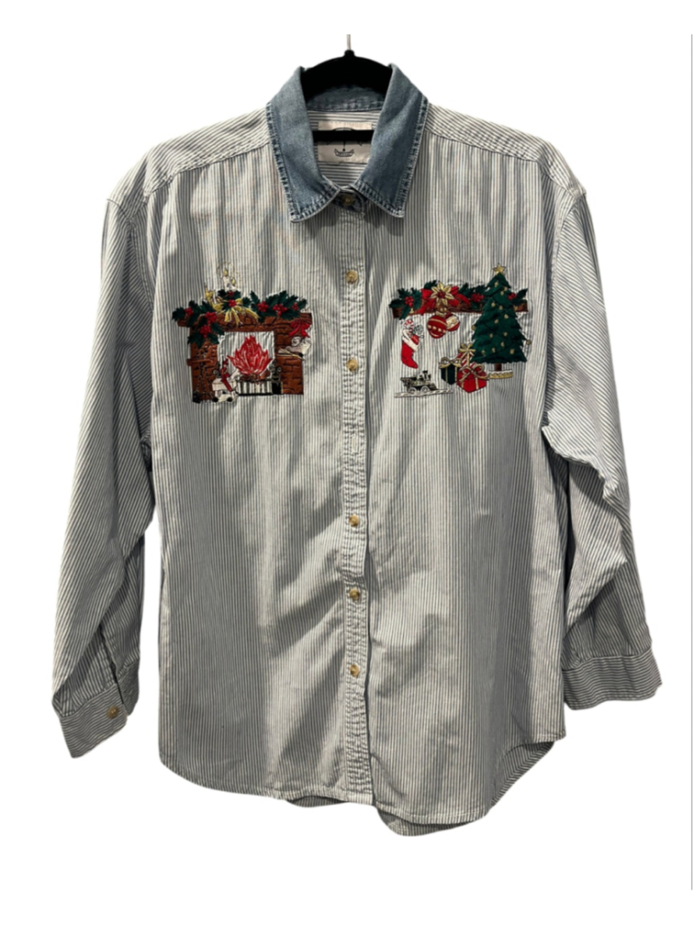 Vintage 90s Christmas Embroidered Button Up Shirt Striped Denim Collar Large